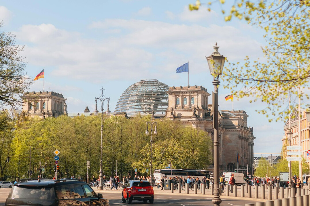 European flags outside a government building