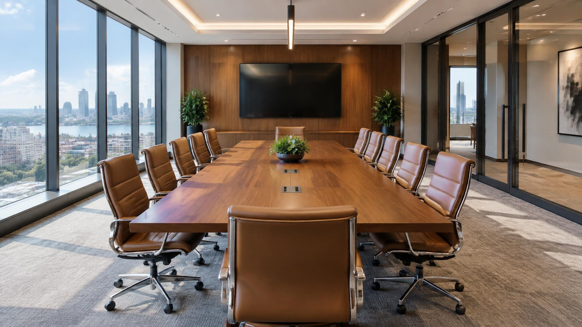 Meeting room with empty chairs around a table before a session